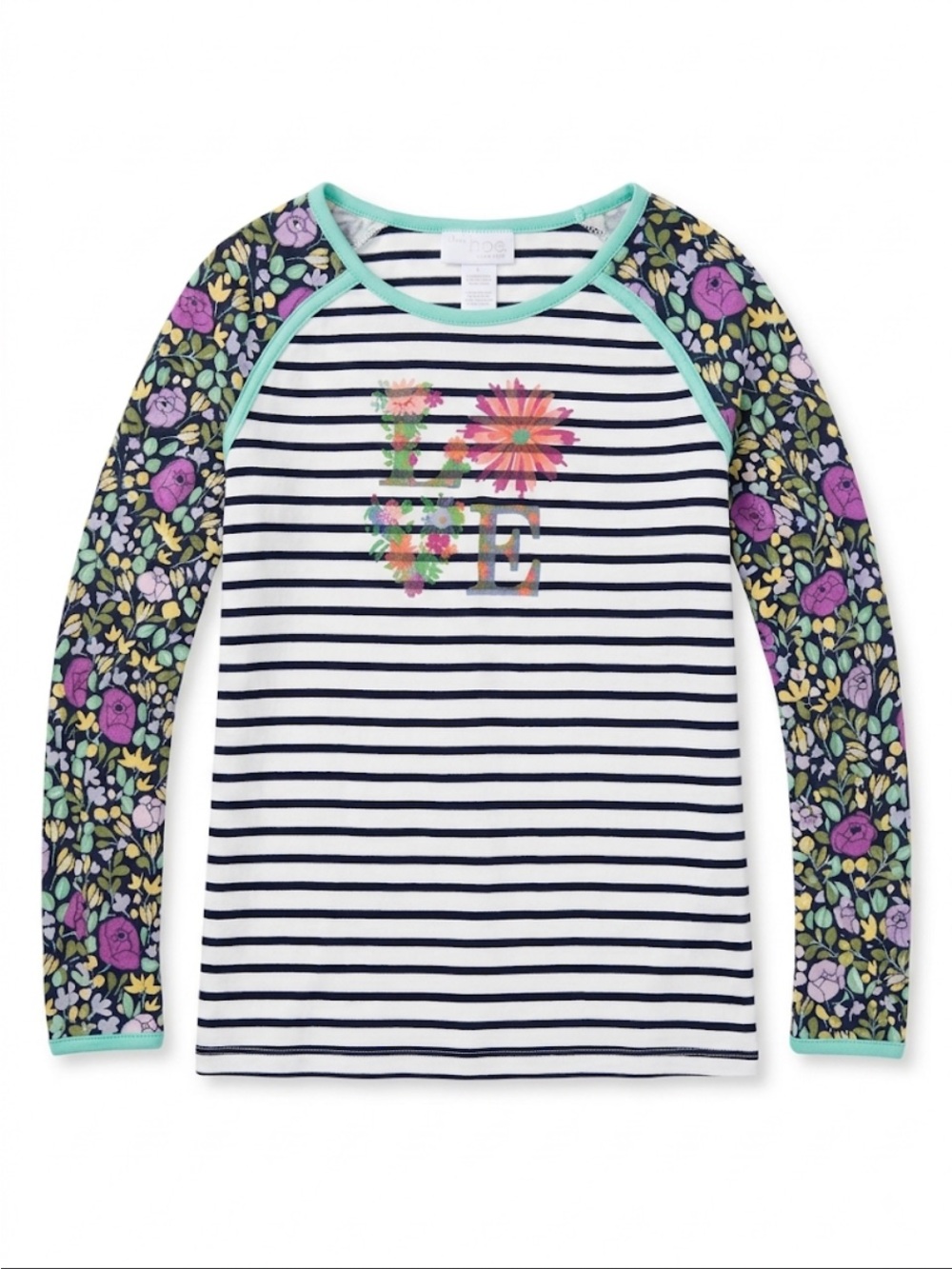 Matilda Jane Navy & White Striped Floral Raglan Long Sleeve Top with Mint Trim